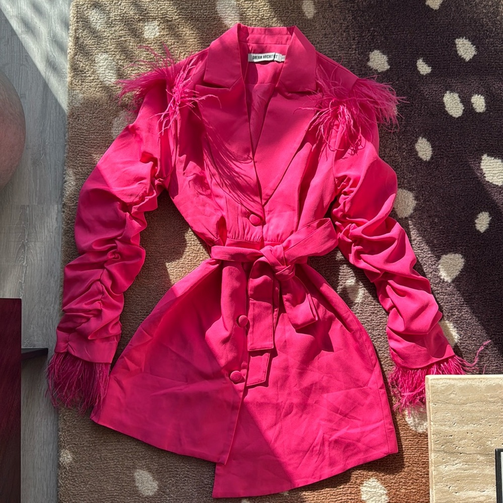 Pink Blazer Dress with Feathers